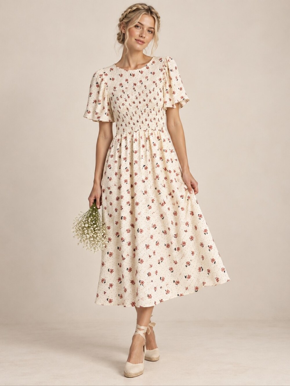 See The Shades Floral Smocked Midi Dress Size XS Short Sleeve